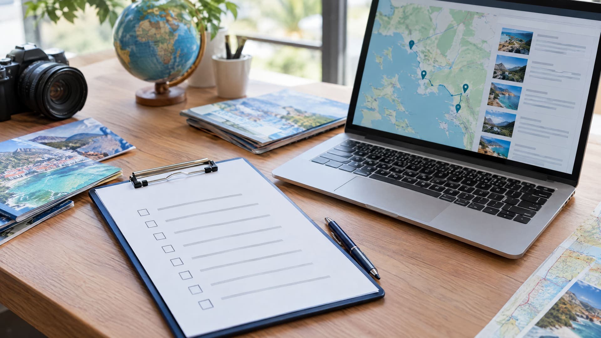 Klemmbrett mit Checkliste aus Kästchen neben einem Laptop mit Kartenprofil auf einem Reisebüro-Schreibtisch