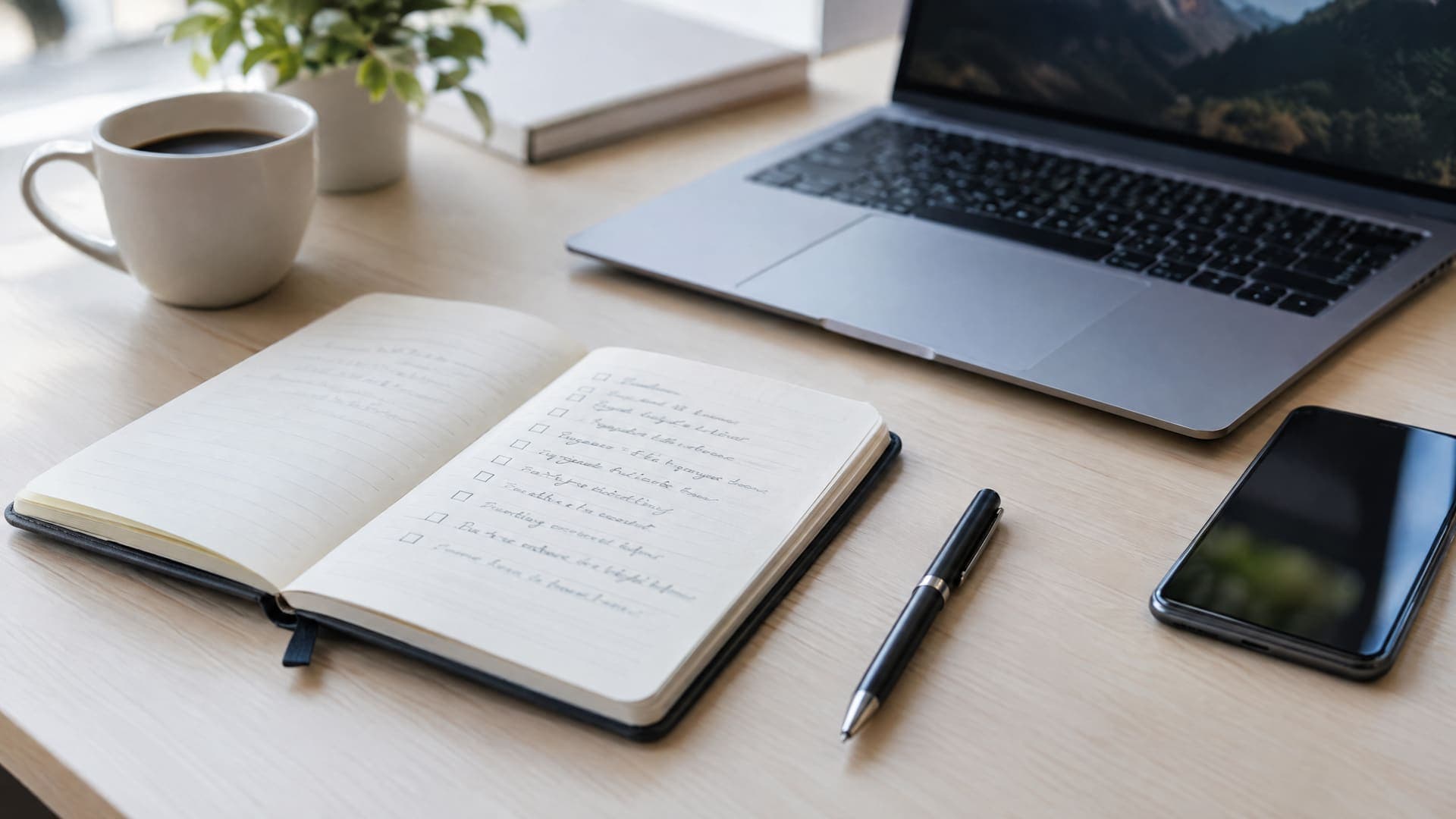 Notizbuch mit Checkliste neben Laptop und Smartphone auf einem Schreibtisch