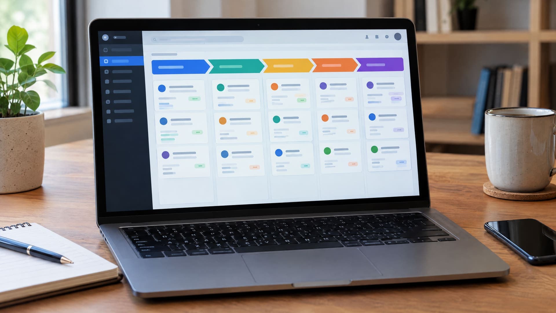 Laptop zeigt eine CRM-Pipeline mit Karten und automatischen Statuspfeilen auf einem Schreibtisch, Text unleserlich