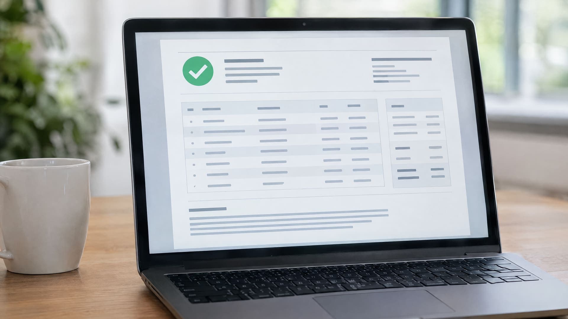 Laptop zeigt ein abstraktes strukturiertes elektronisches Rechnungsdokument mit einem Häkchen, Text unleserlich, keine Logos