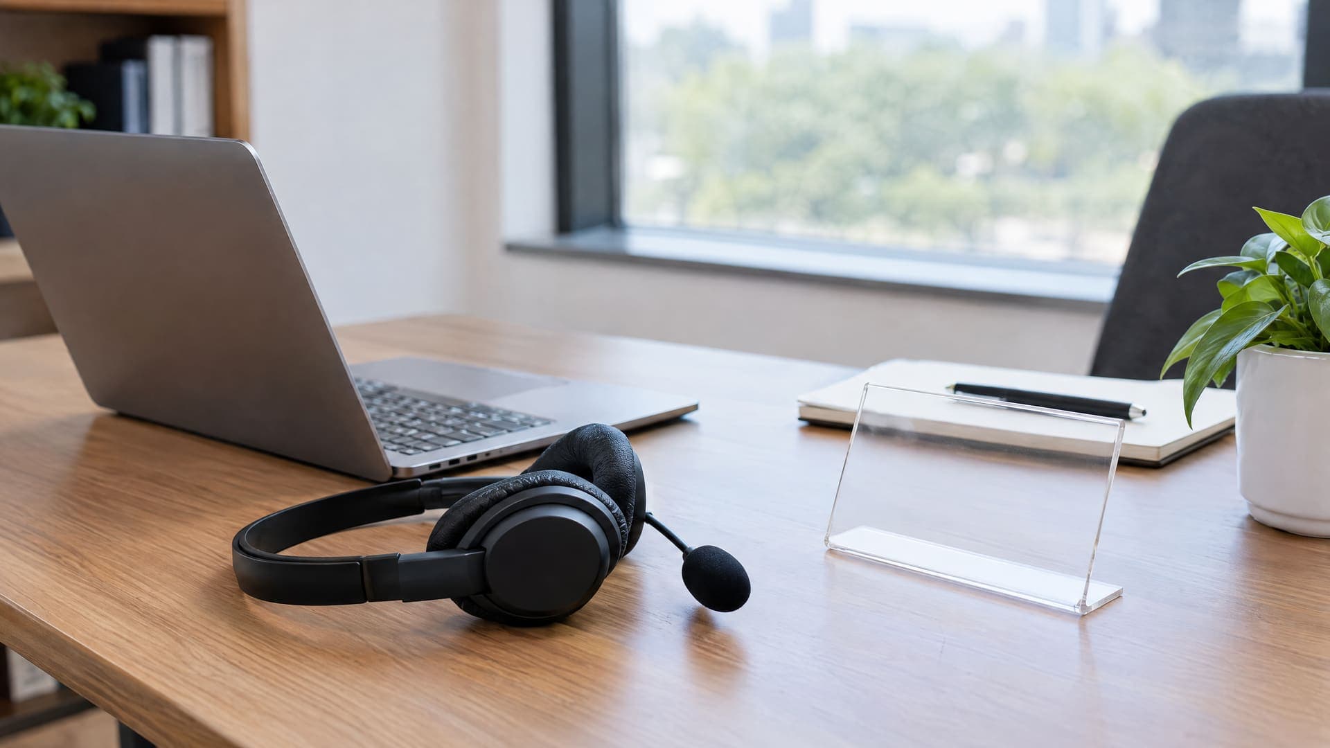 Aufgeräumter Schreibtisch mit Headset, Laptop und einem leeren Acryl-Schildhalter