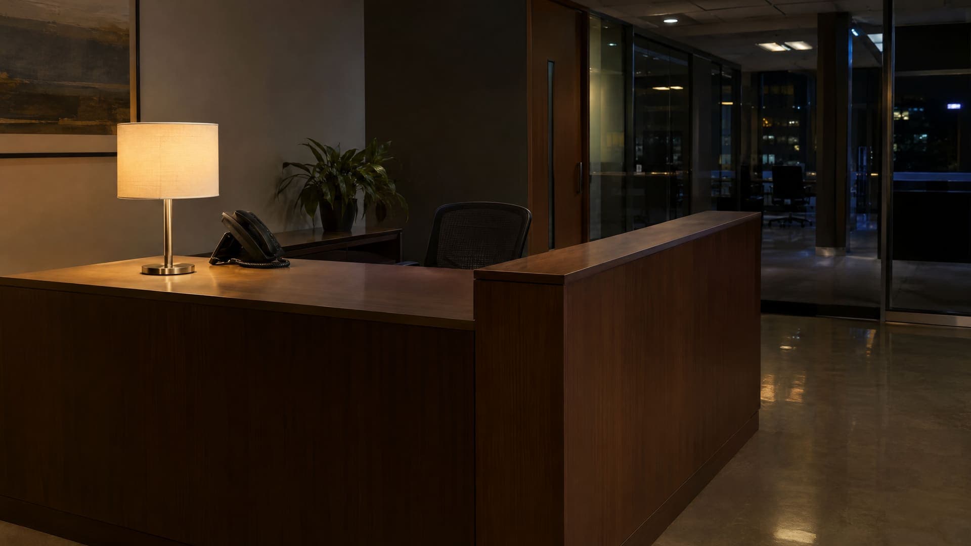 Leerer Empfangstresen mit einem Telefon und einer Lampe in einem ruhigen Büro nach Feierabend, keine Personen, keine lesbare Schrift