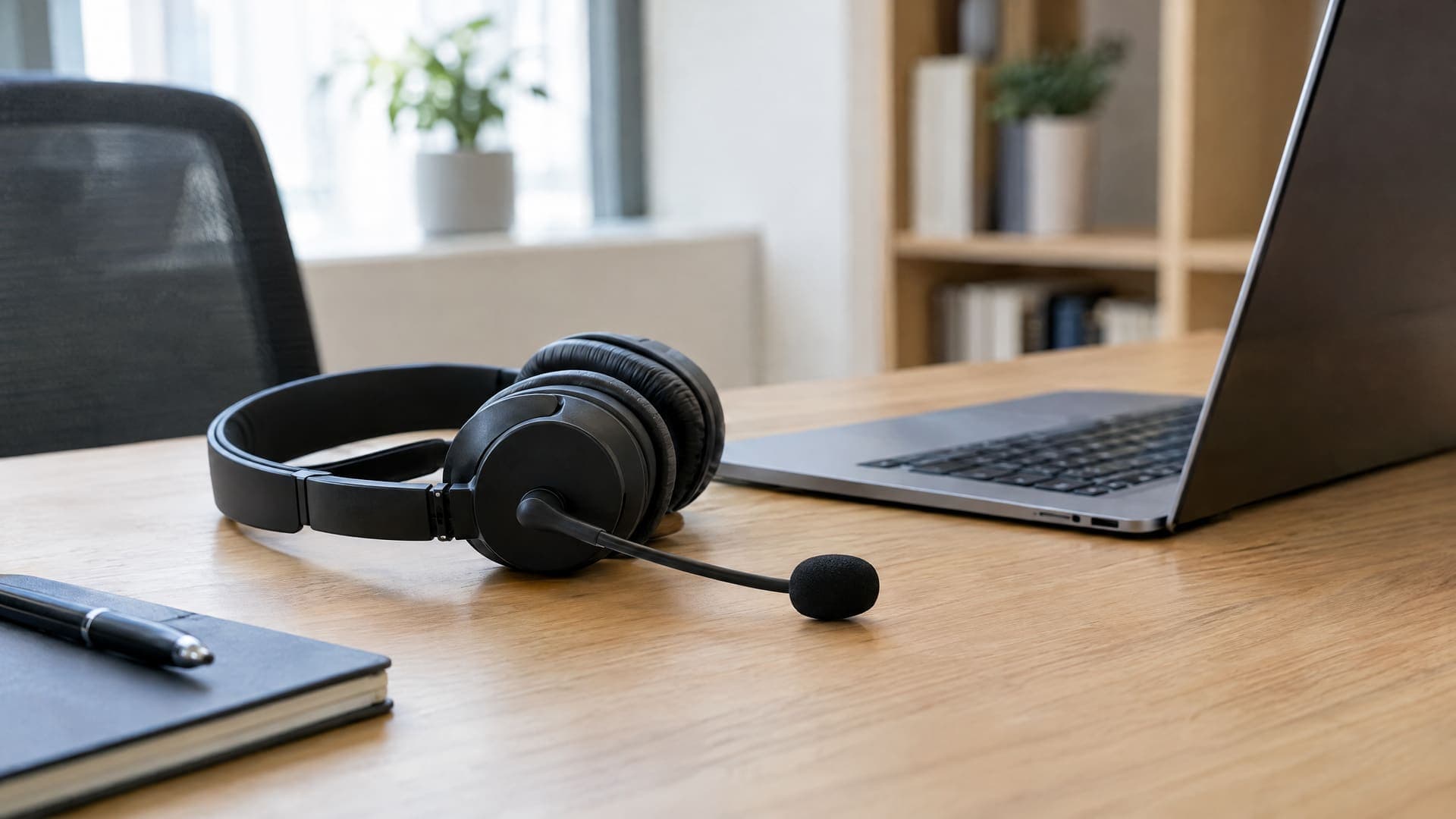 Headset liegt auf einem ruhigen Schreibtisch neben einem Laptop, keine Personen, keine Logos, keine lesbare Schrift