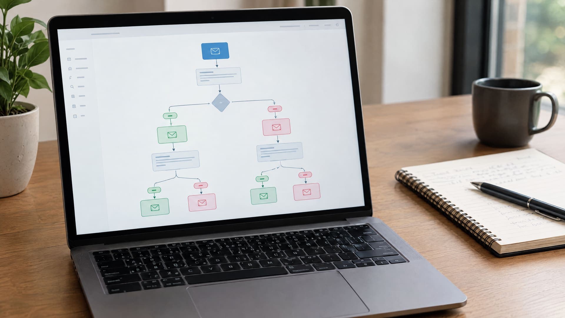 Laptop zeigt ein E-Mail-Ablaufdiagramm mit Verzweigungen, daneben ein Notizbuch und ein Stift auf einem Schreibtisch, Text unleserlich