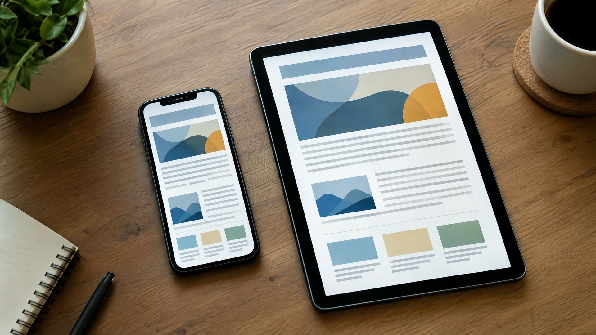 Smartphone und Tablet zeigen ein abstraktes Newsletter-Layout auf einem Schreibtisch, Text unleserlich