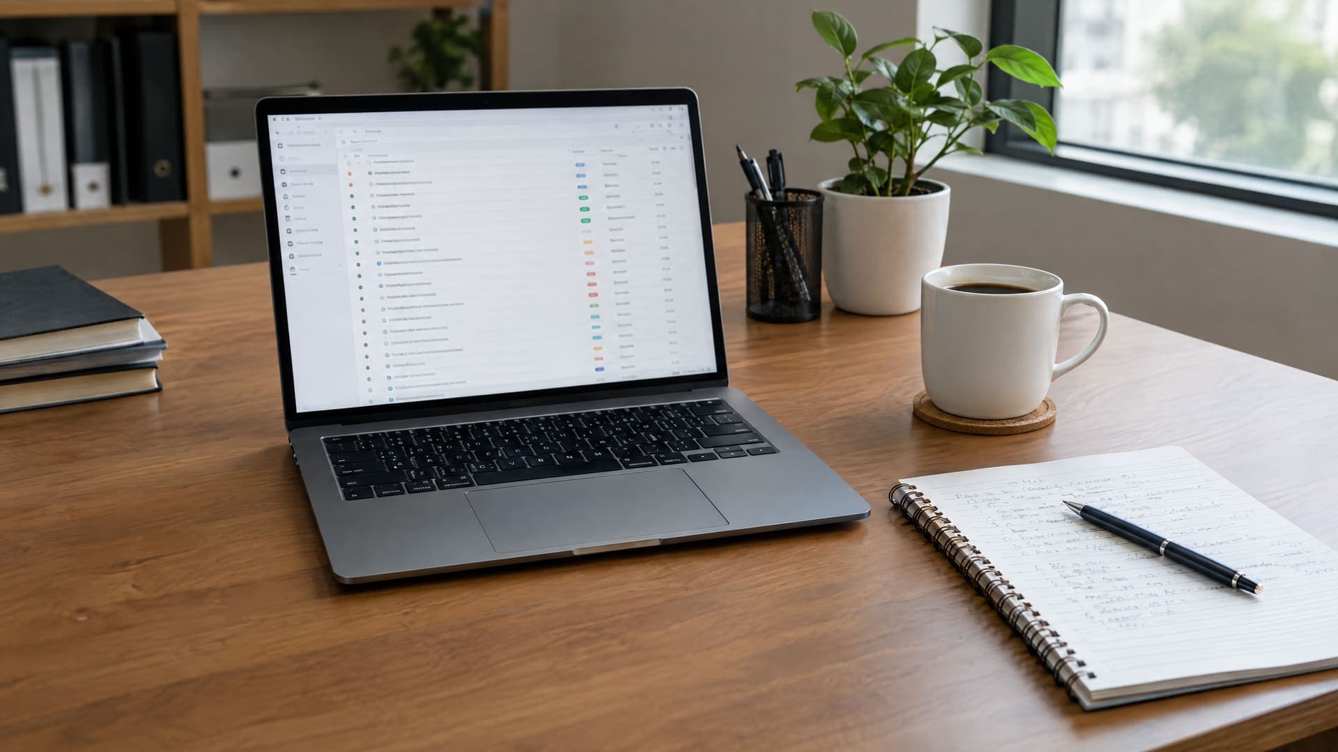 Aufgeräumter Schreibtisch mit einem Laptop, der eine lange Aufgabenliste zeigt, daneben ein Notizbuch und eine Kaffeetasse, Text unleserlich