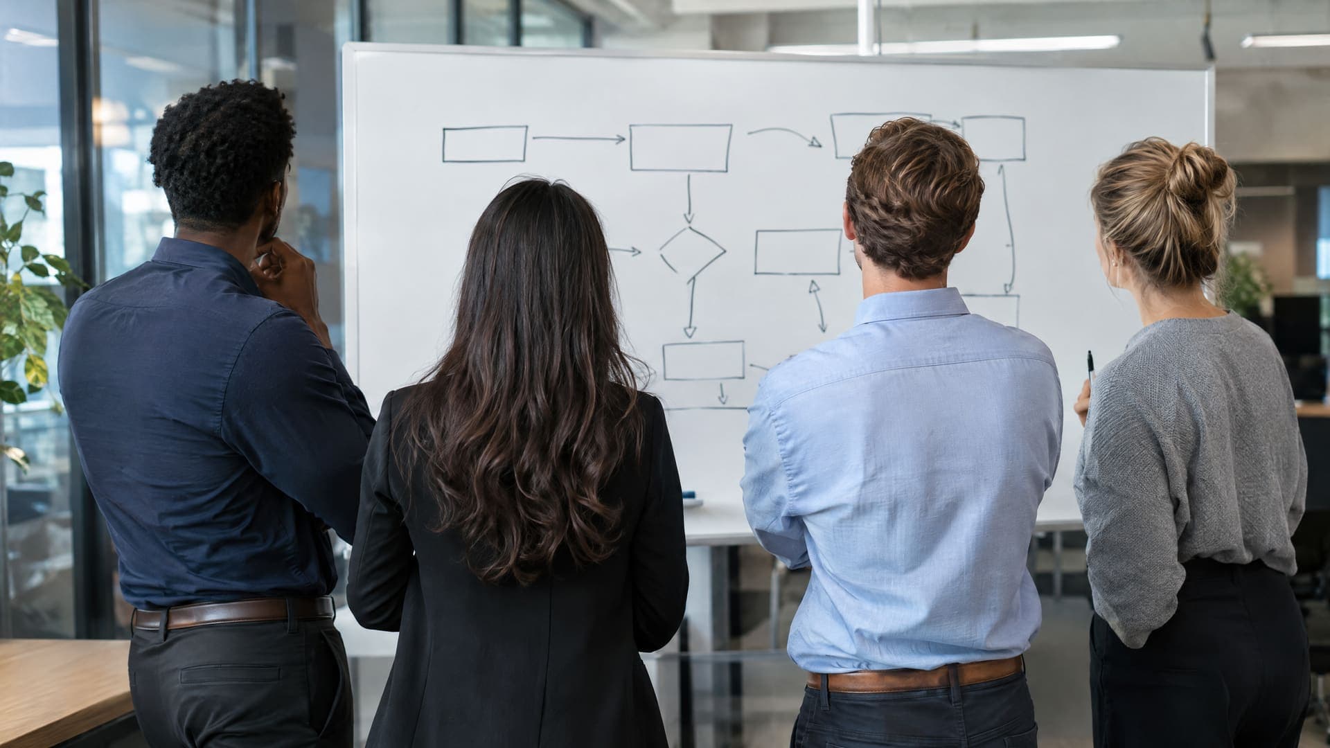 Ein Team von hinten vor einem Whiteboard mit einem Prozessablauf aus Kästen und Pfeilen in einem modernen Büro, Gesichter nicht sichtbar, Notizen unleserlich