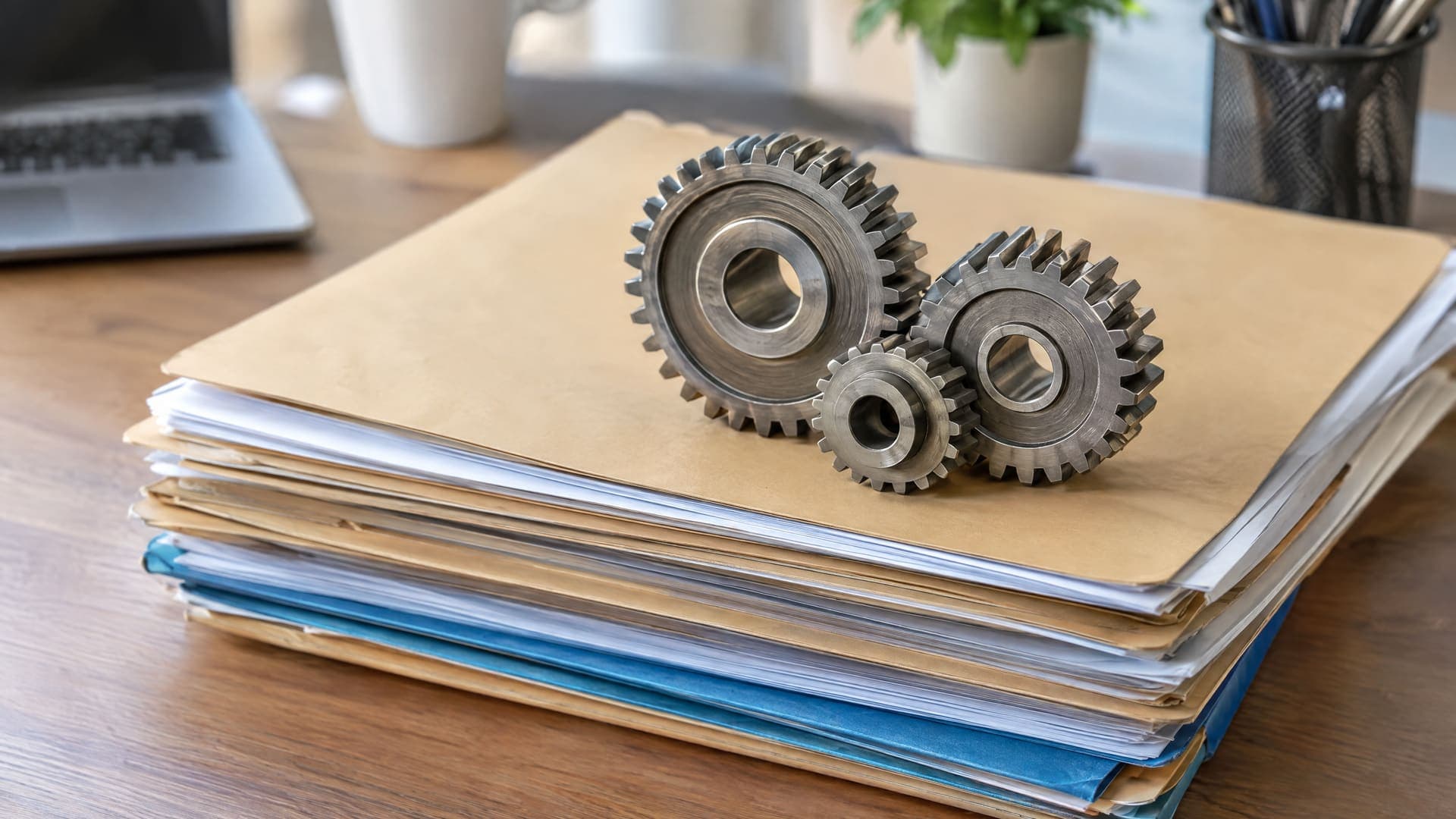 Metallene Zahnräder liegen auf einem Stapel Papier und Aktenordnern auf einem Schreibtisch als Symbol für Prozessautomatisierung, keine Beschriftung