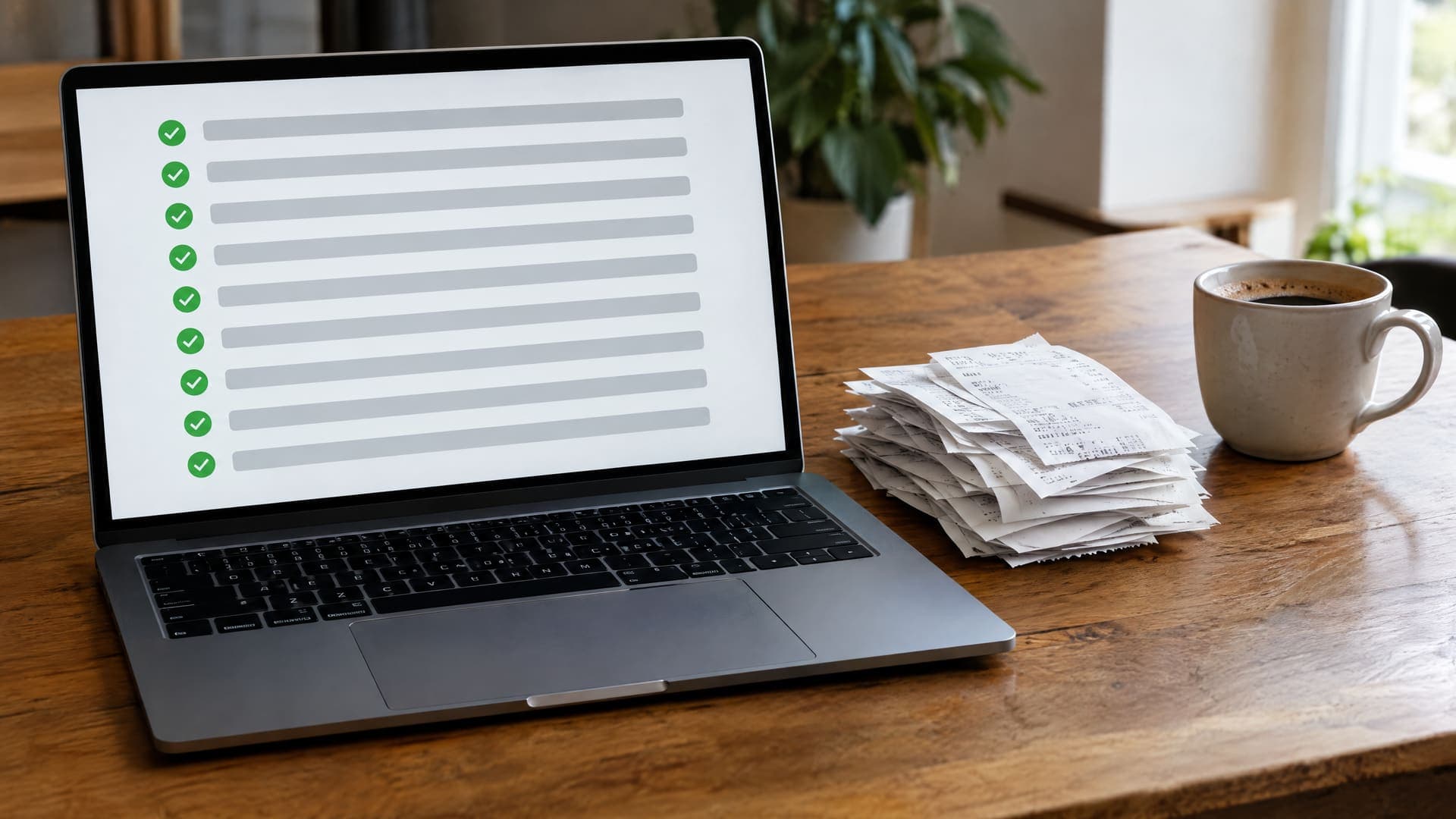 Laptop mit einer Liste eingehender Rechnungen mit Haken neben einem Stapel Papierbelege und einer Kaffeetasse