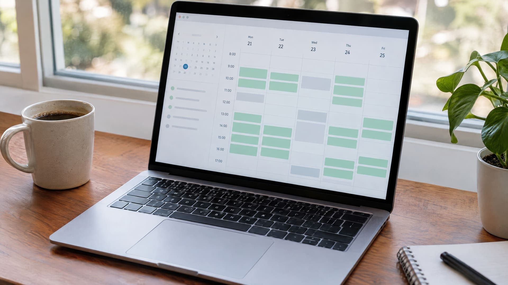 Laptop zeigt einen Buchungskalender mit freien Zeitfenstern neben einer Kaffeetasse und einer Pflanze auf einem Schreibtisch, Text unleserlich