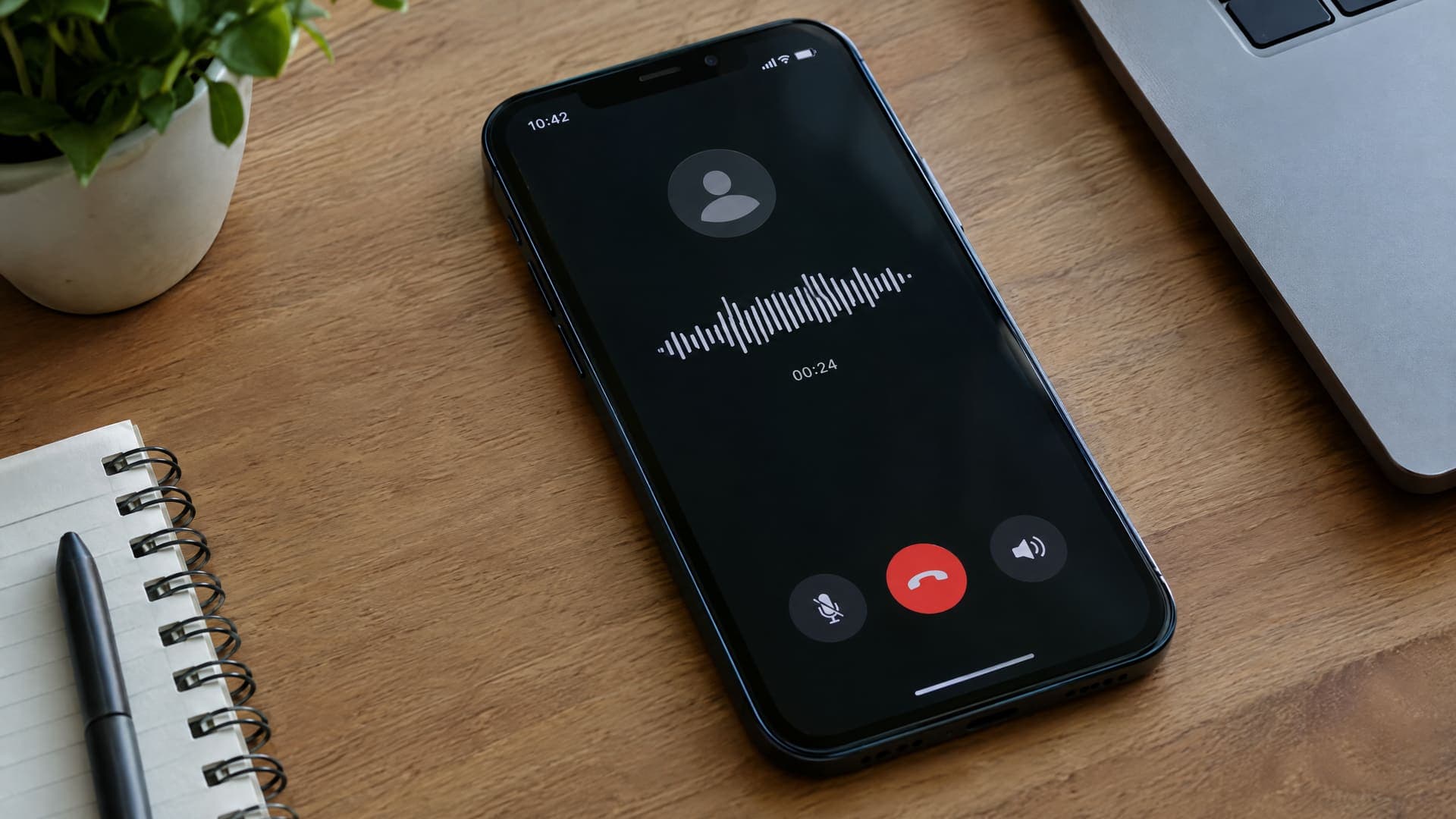 Smartphone auf einem Schreibtisch zeigt einen Anruf mit einer Audio-Wellenform auf dem Bildschirm, Text unleserlich