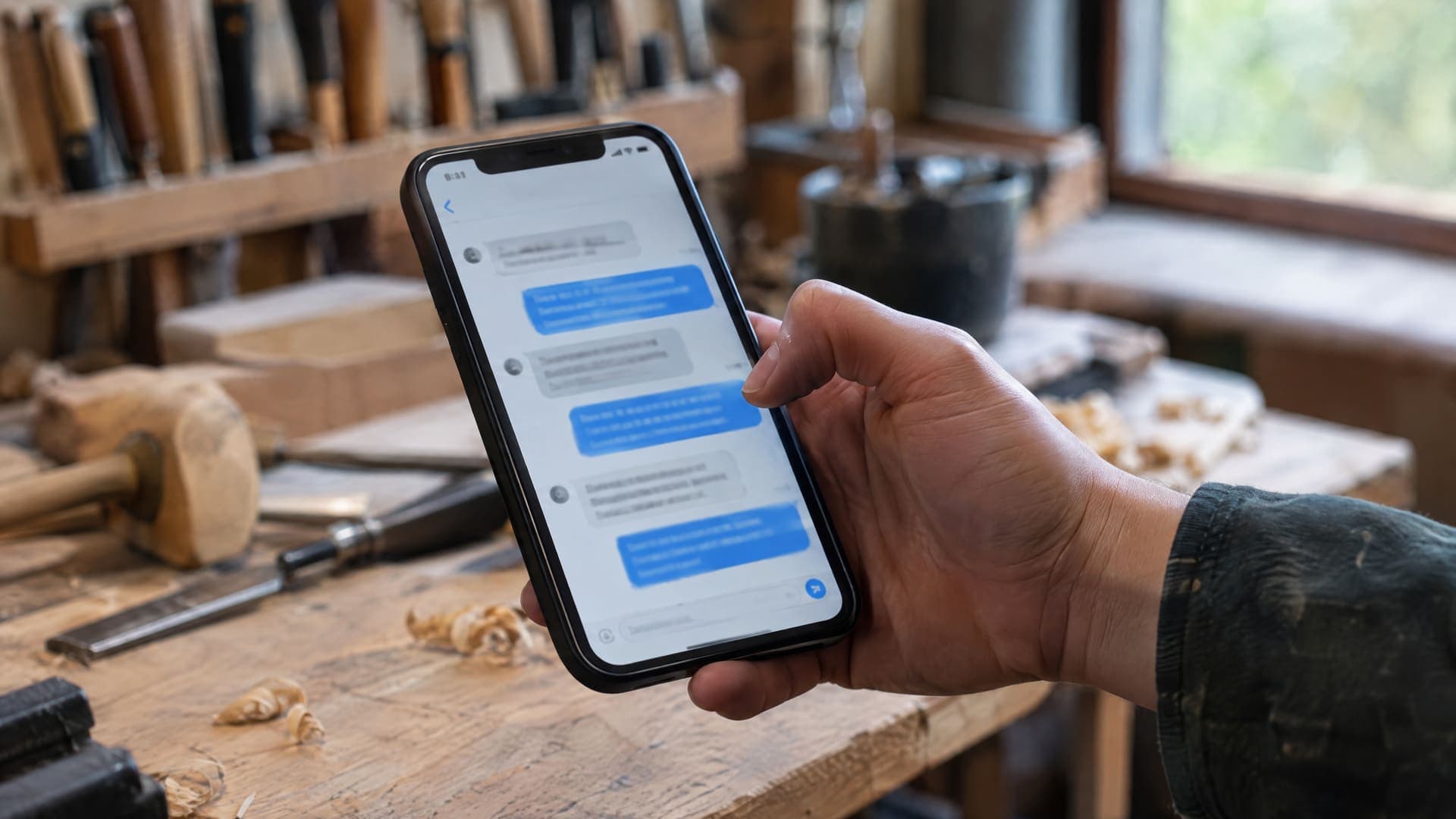 Hand hält ein Smartphone mit einer Chat-Nachricht in einer Handwerkerwerkstatt, im Hintergrund unscharf Werkzeuge, Gesicht nicht sichtbar, Text unleserlich