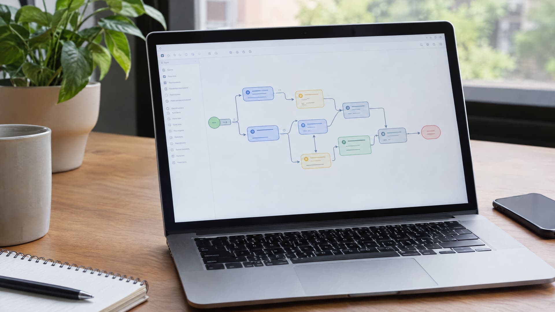 Laptop zeigt ein Workflow-Diagramm aus verbundenen Knoten mit Pfeilen auf einem Schreibtisch, Text unleserlich