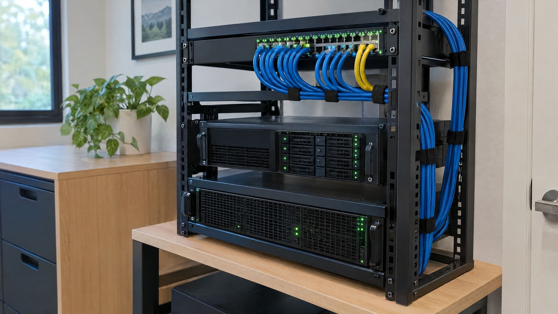 Kleines Server-Regal mit Netzwerkkabeln und grünen Statuslichtern in einem aufgeräumten Raum, keine Personen, keine Logos