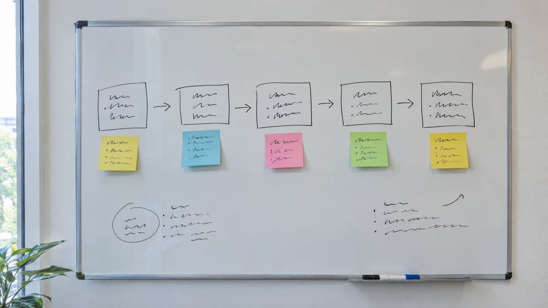 Whiteboard mit handgezeichnetem Ablauf aus fünf Kästen mit Pfeilen und Haftnotizen, Schrift unleserlich