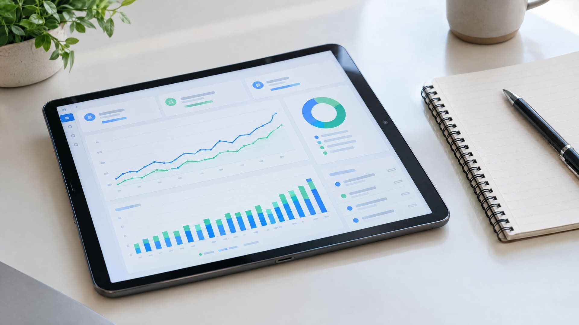 Tablet mit Kampagnen-Dashboard aus ansteigender Linie und Budgetbalken neben einem Notizbuch