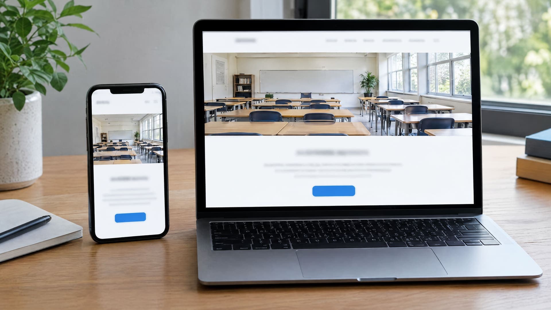 Smartphone und Laptop nebeneinander mit derselben Landingpage aus großem Klassenraumfoto und einem blauen Button