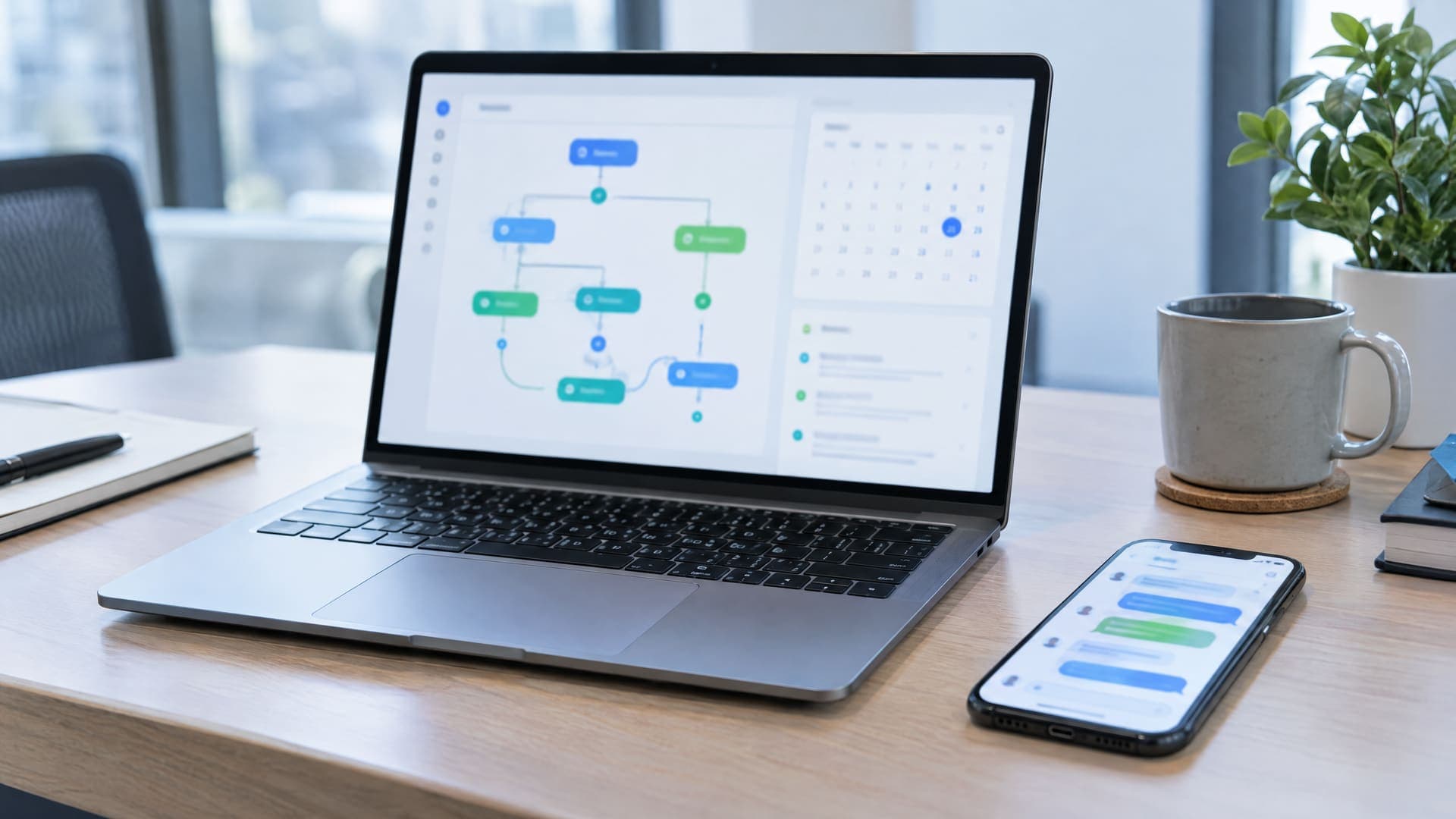 Schreibtisch mit Laptop, der ein Ablaufdiagramm und einen Kalender zeigt, daneben ein Smartphone mit Nachrichten