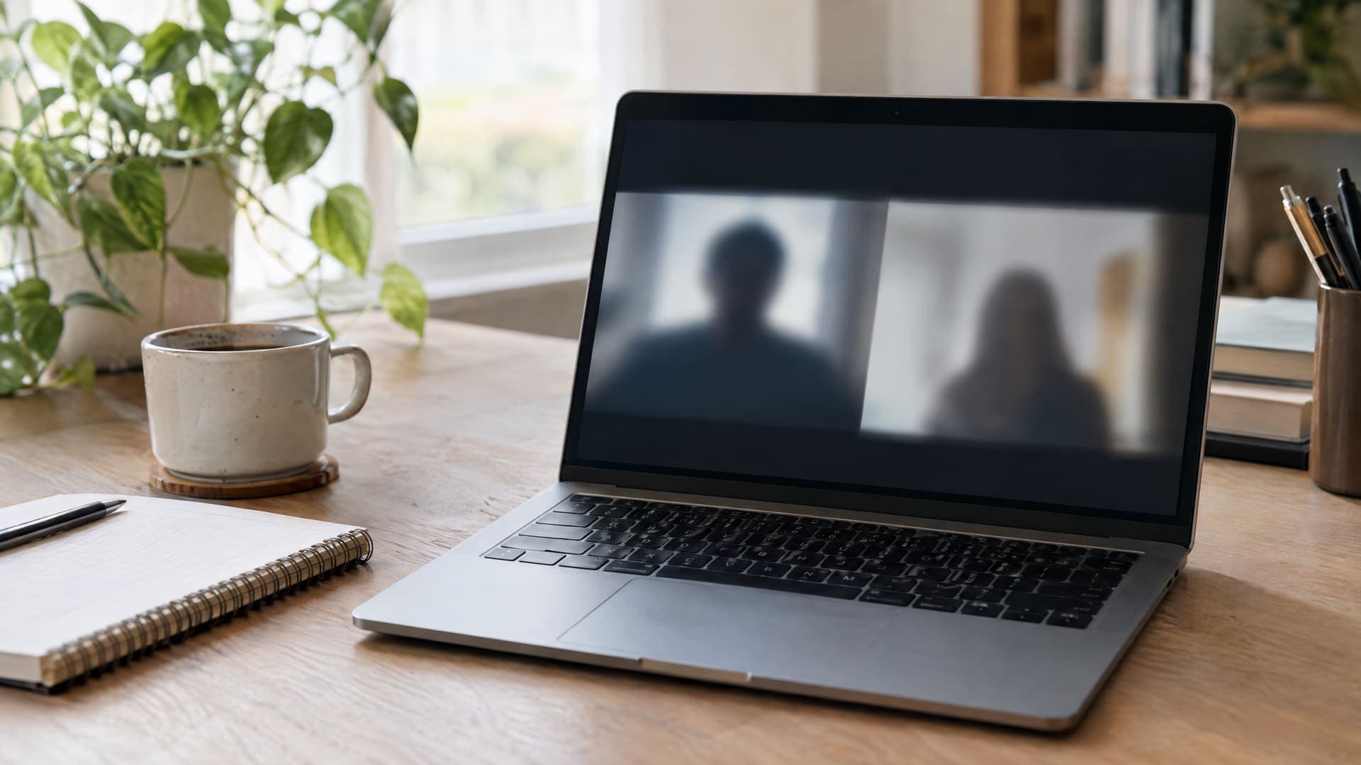 Laptop mit abstrakter Videokonferenz aus zwei unscharfen Silhouetten, daneben Notizbuch und Kaffeetasse auf einem Schreibtisch