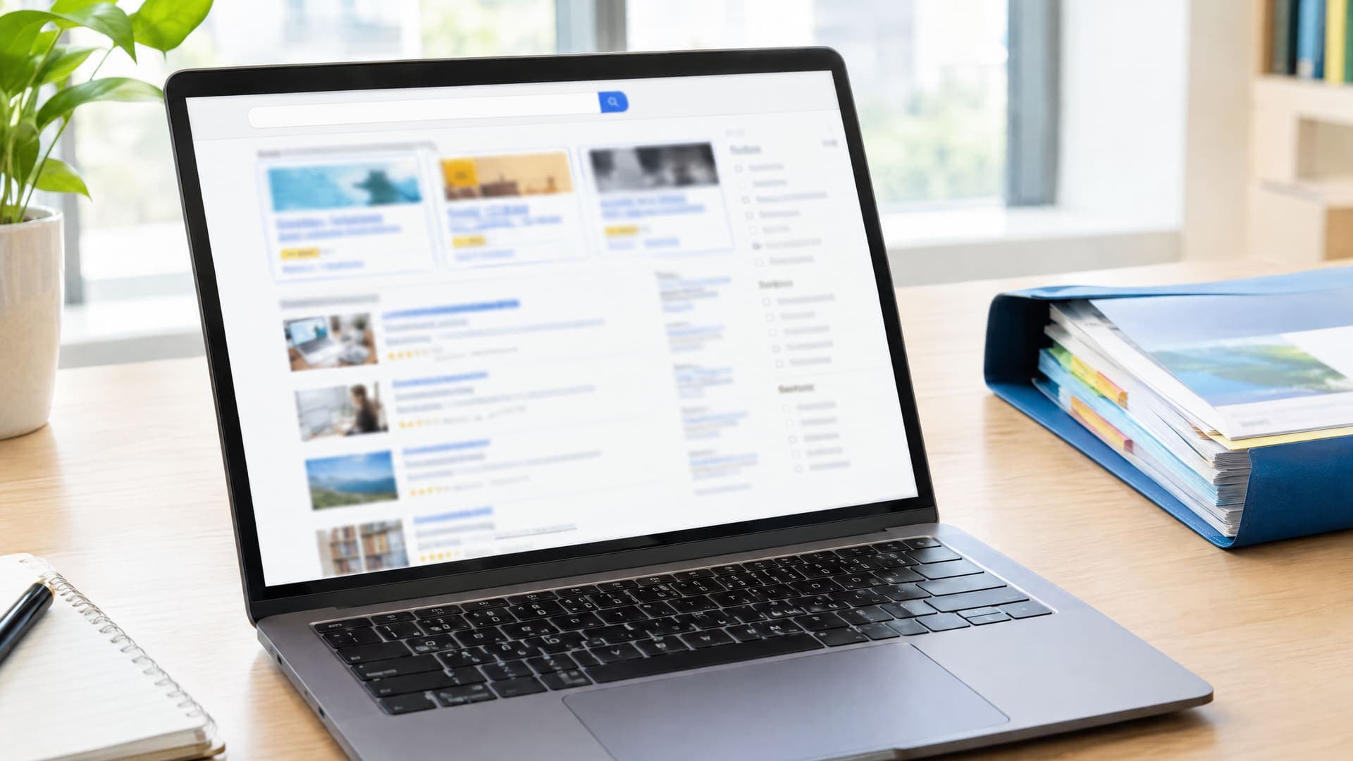 Laptop mit Suchergebnisseite, Anzeigenblöcken und einer Liste von Kursergebnissen, daneben eine Mappe mit Kursunterlagen