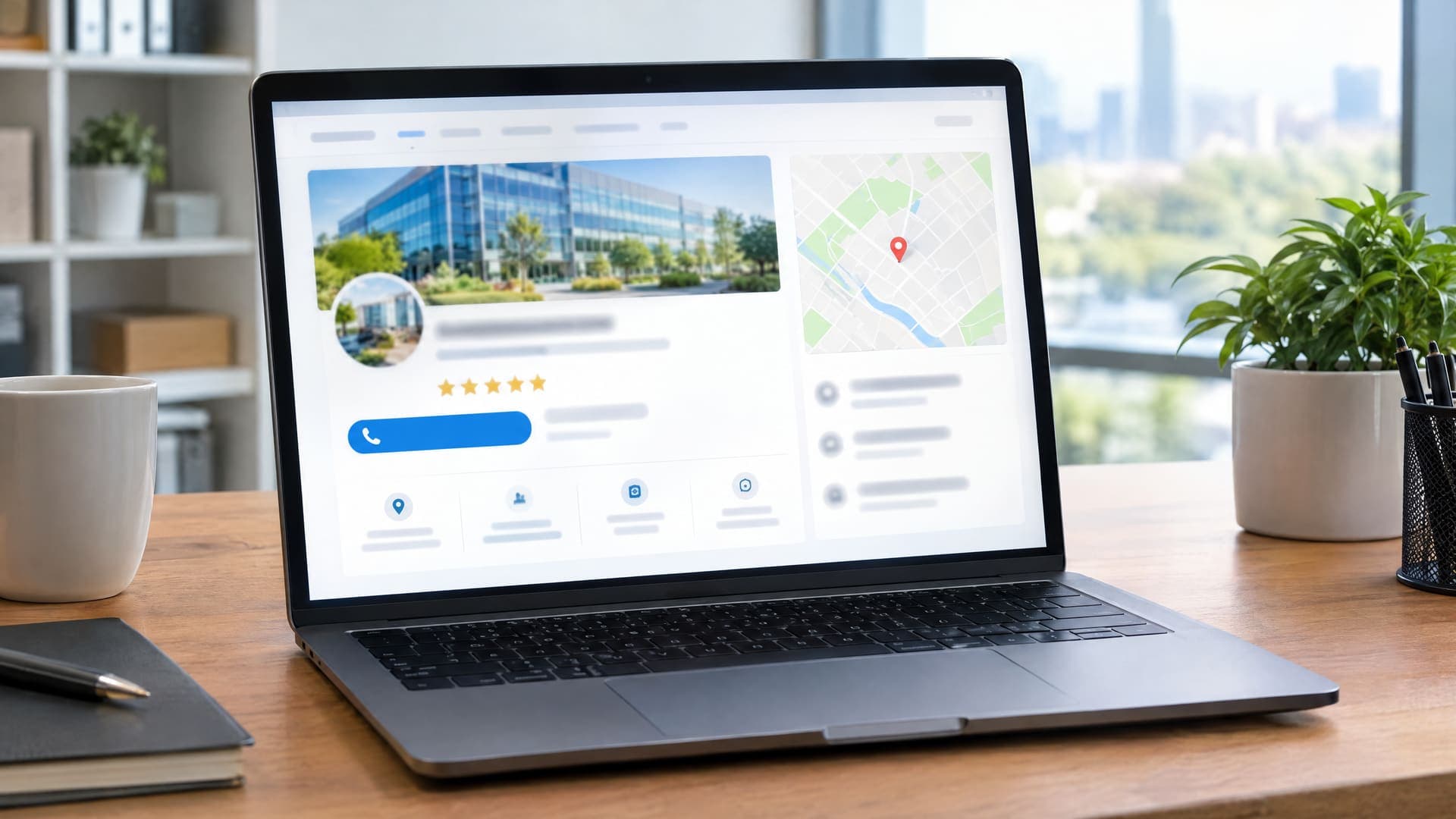 Laptop mit Unternehmensprofil-Layout aus Karte, goldenen Sternen und Anruf-Button