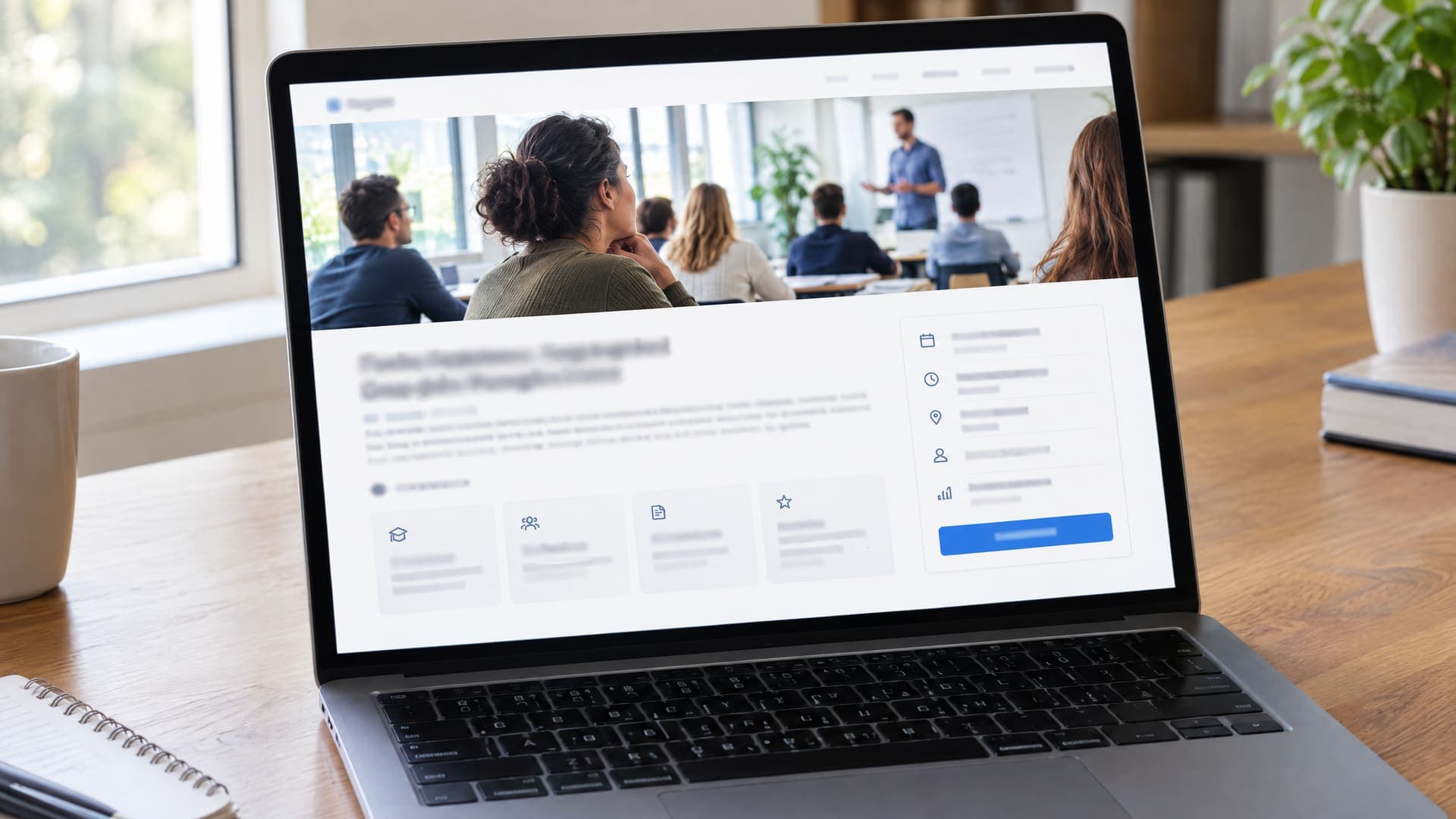 Laptop mit Kursdetailseite aus Kopfbild, Kurzinfos in Kästen und Button auf einem Holztisch