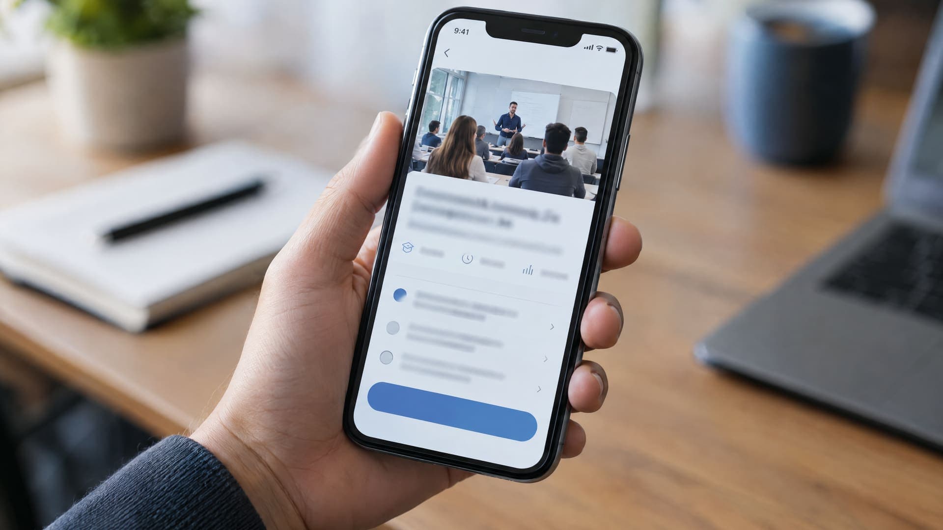 Hand hält ein Smartphone mit mobiler Kursseite, Foto eines Klassenraums und großem Button für den Infotermin
