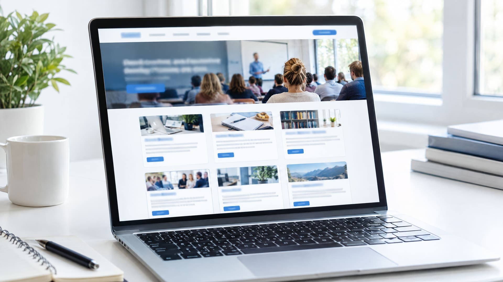 Laptop mit moderner Website aus Kursübersicht in Kacheln und Kopfbild eines Klassenraums, Text unleserlich