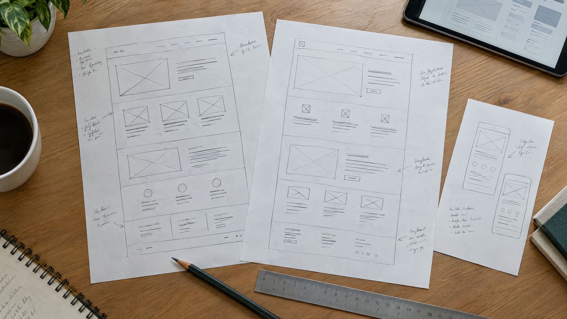 Handgezeichnete Website-Entwürfe auf Papier neben Bleistift, Lineal und Tablet auf einem Schreibtisch
