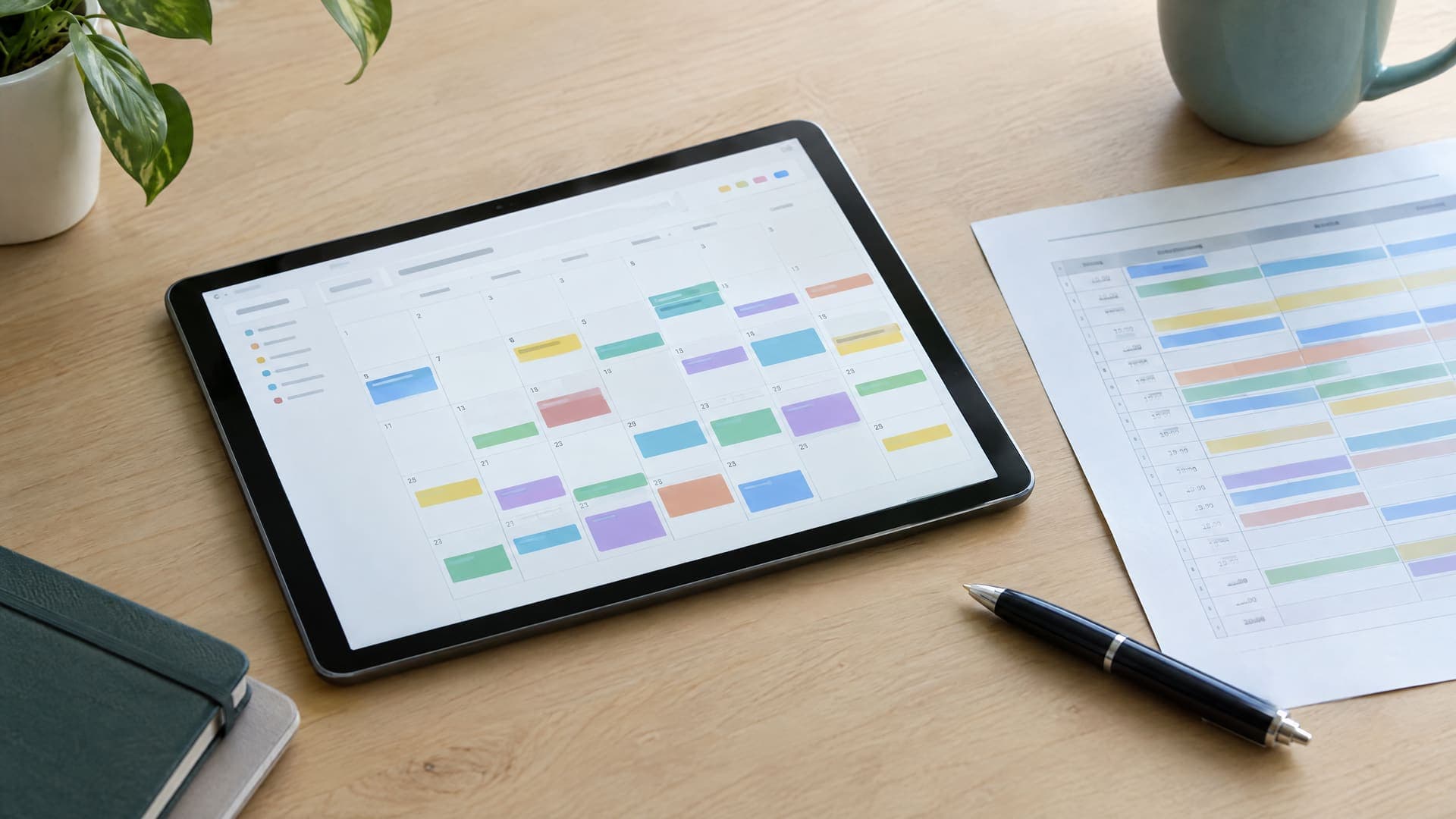 Tablet mit abstraktem Monatskalender aus farbigen Kursblöcken, daneben Stift und ausgedruckter Stundenplan auf einem Schreibtisch