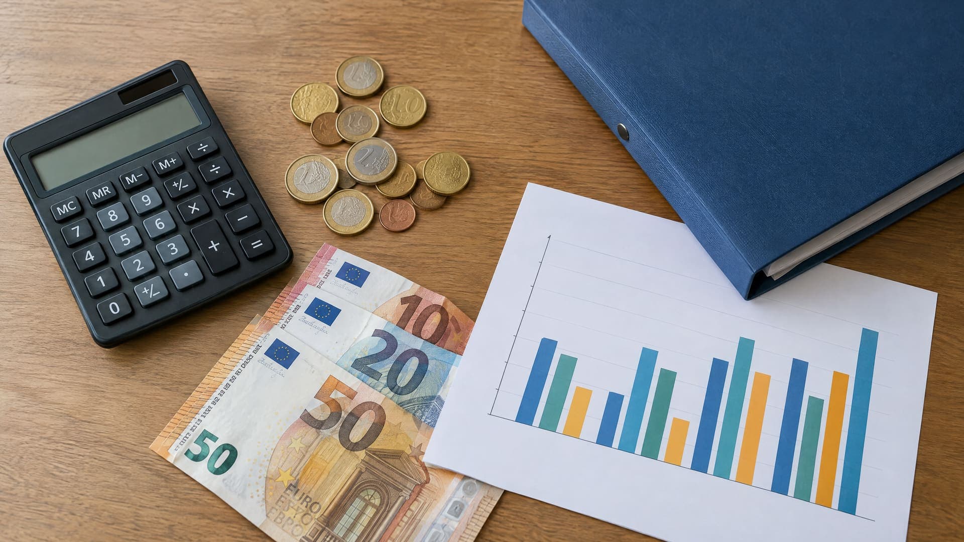Draufsicht auf Taschenrechner, Euro-Münzen und Geldscheine, einen Kursordner und ein Balkendiagramm auf einem Schreibtisch