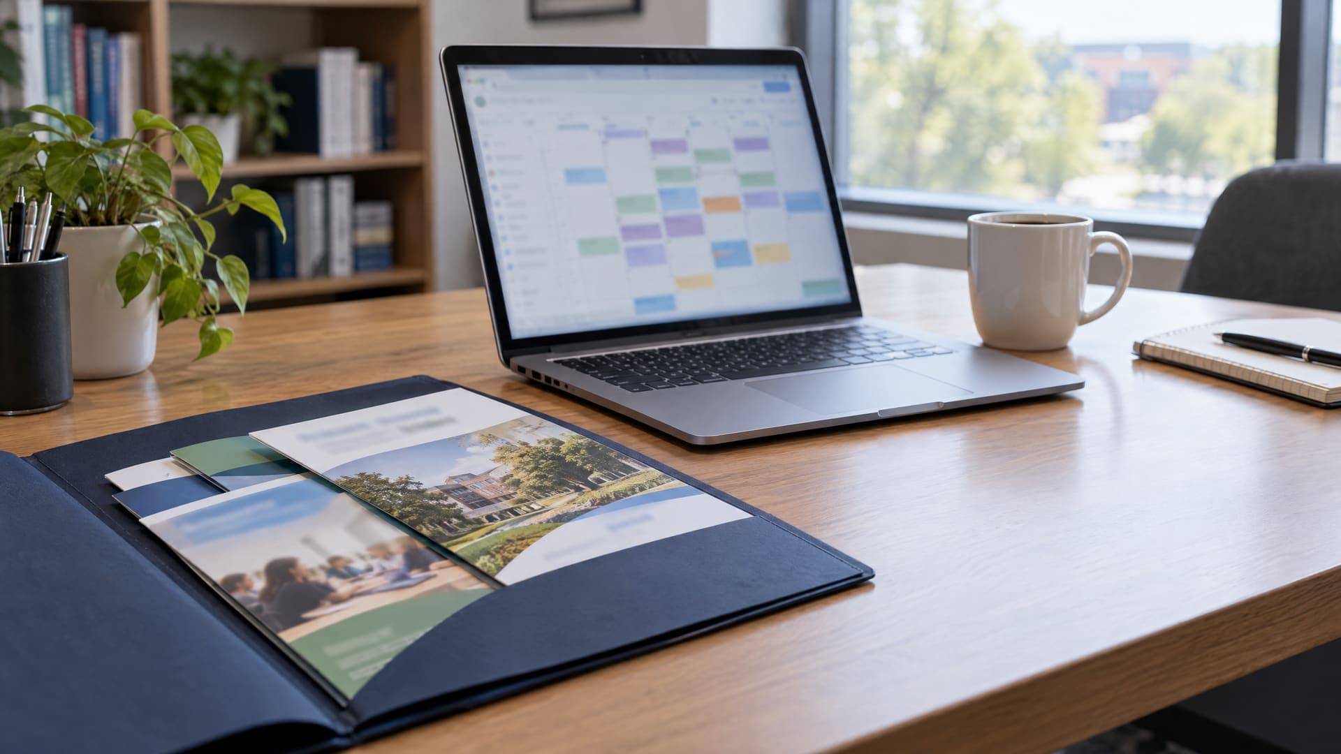 Schreibtisch eines Bildungsträgers mit Laptop, Kurskalender, Mappe mit Kursbroschüren und Kaffeetasse