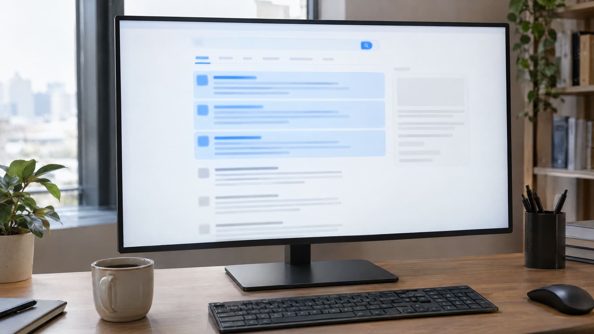 Großer Monitor mit Suchergebnisseite, bei der die ersten drei Einträge blau hervorgehoben sind
