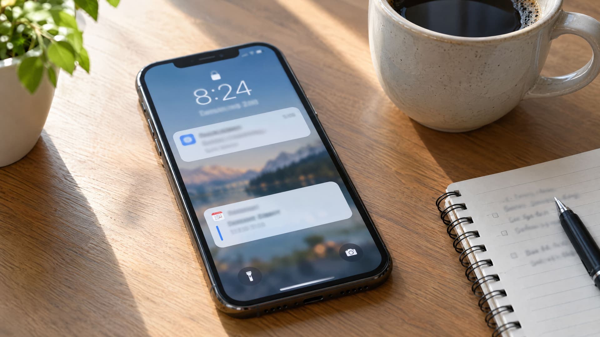 Smartphone auf einem Schreibtisch mit Erinnerung und Kalendereintrag neben Kaffeetasse und Notizbuch