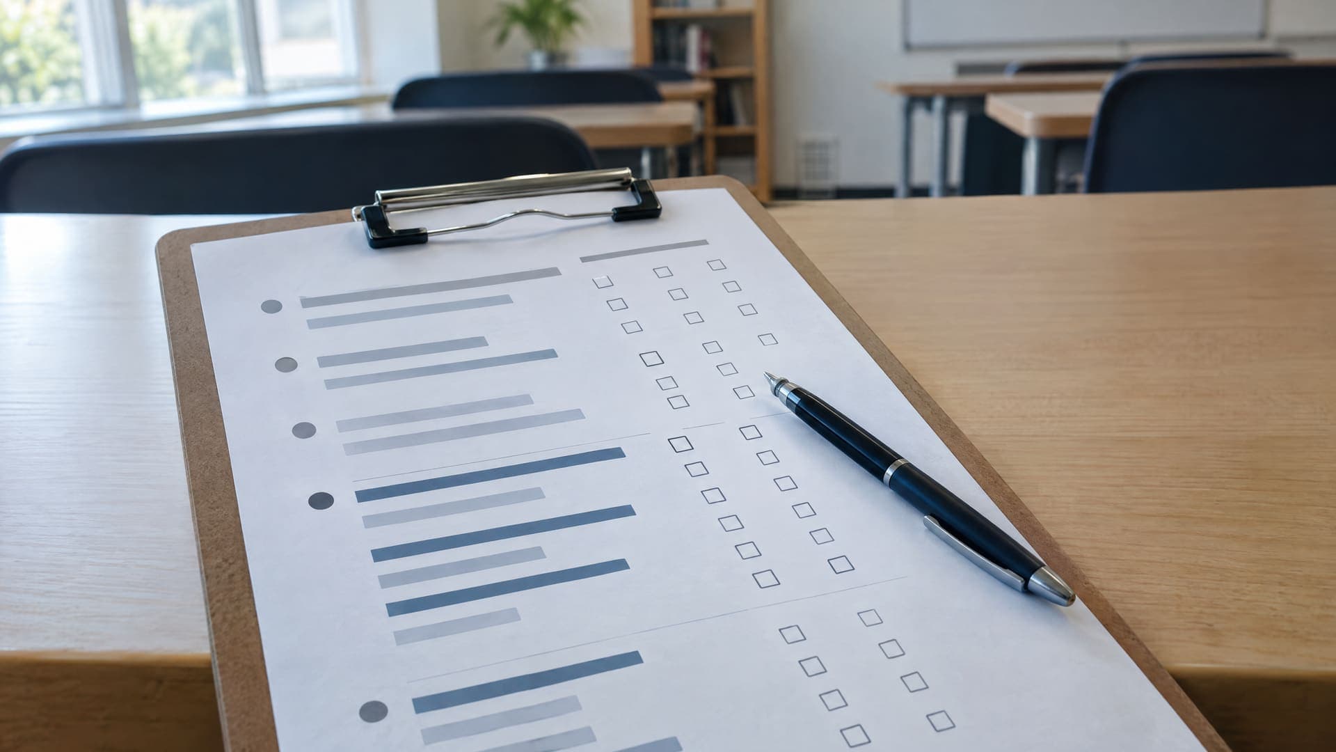 Klemmbrett mit Fragebogen aus abstrakten Kästchen und Balken und einem Stift auf einem Tisch im Klassenraum