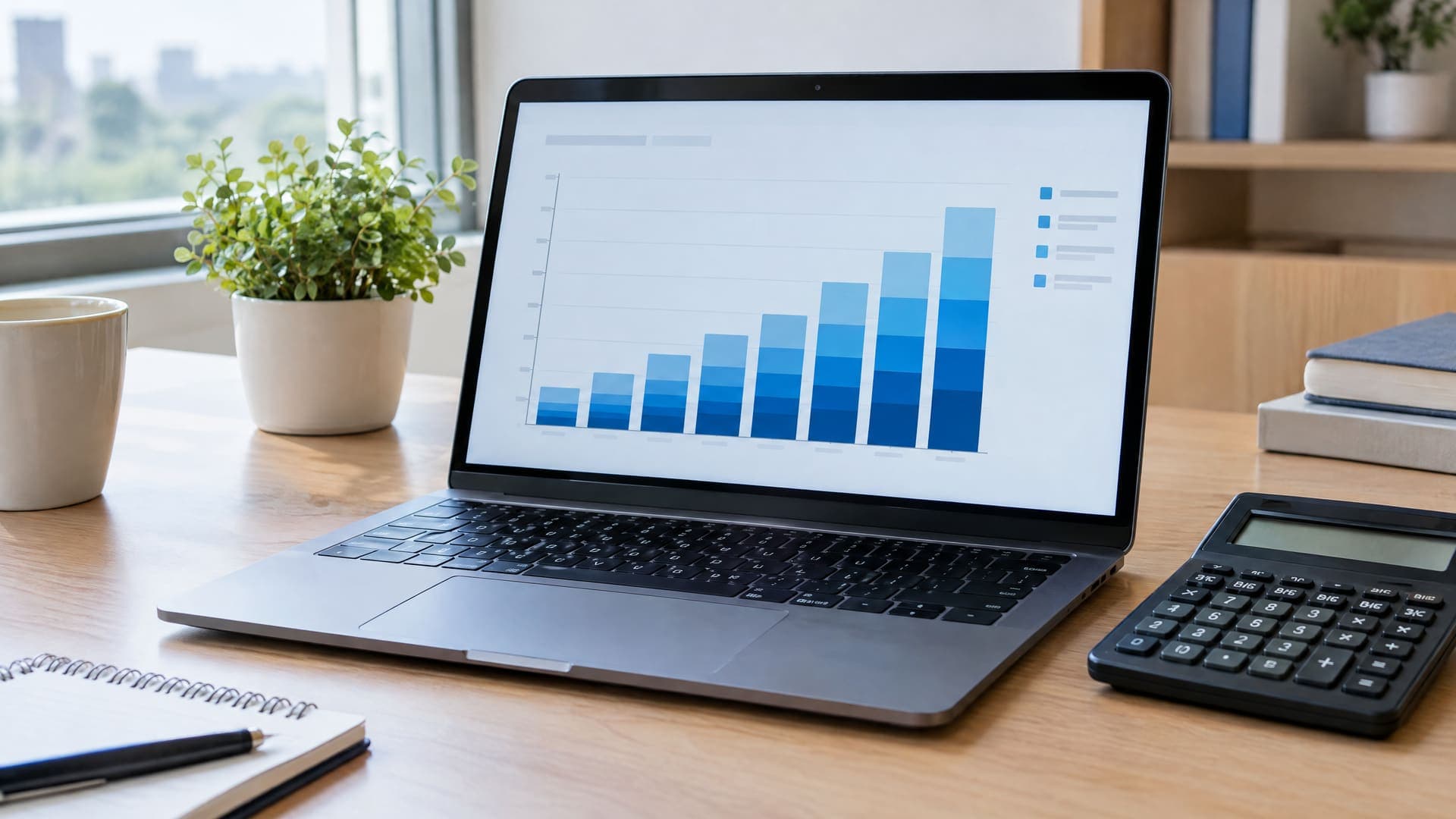 Laptop mit Diagramm aus ansteigenden blauen Balken für Teilnehmerzahlen, daneben ein Taschenrechner