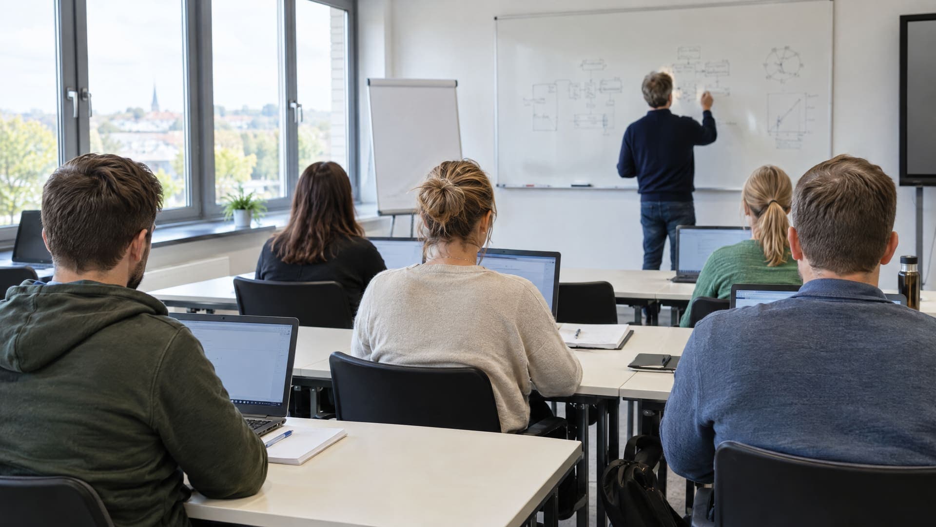 Helles Weiterbildungs-Klassenzimmer mit Erwachsenen an Laptops, von hinten fotografiert, und einer Dozentin am Whiteboard