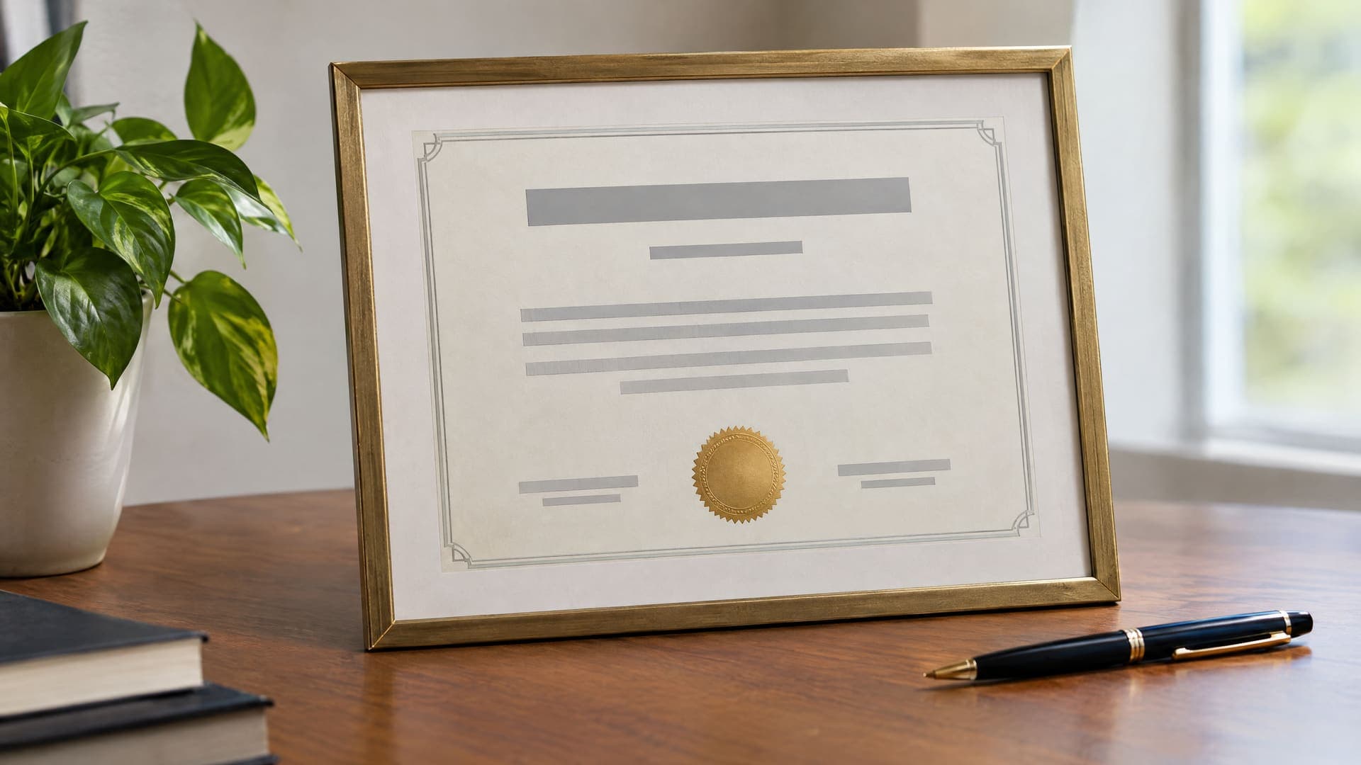 Gerahmte Urkunde mit goldenem Siegel und grauen Balken statt Text auf einem Holzschreibtisch neben Stift und Pflanze