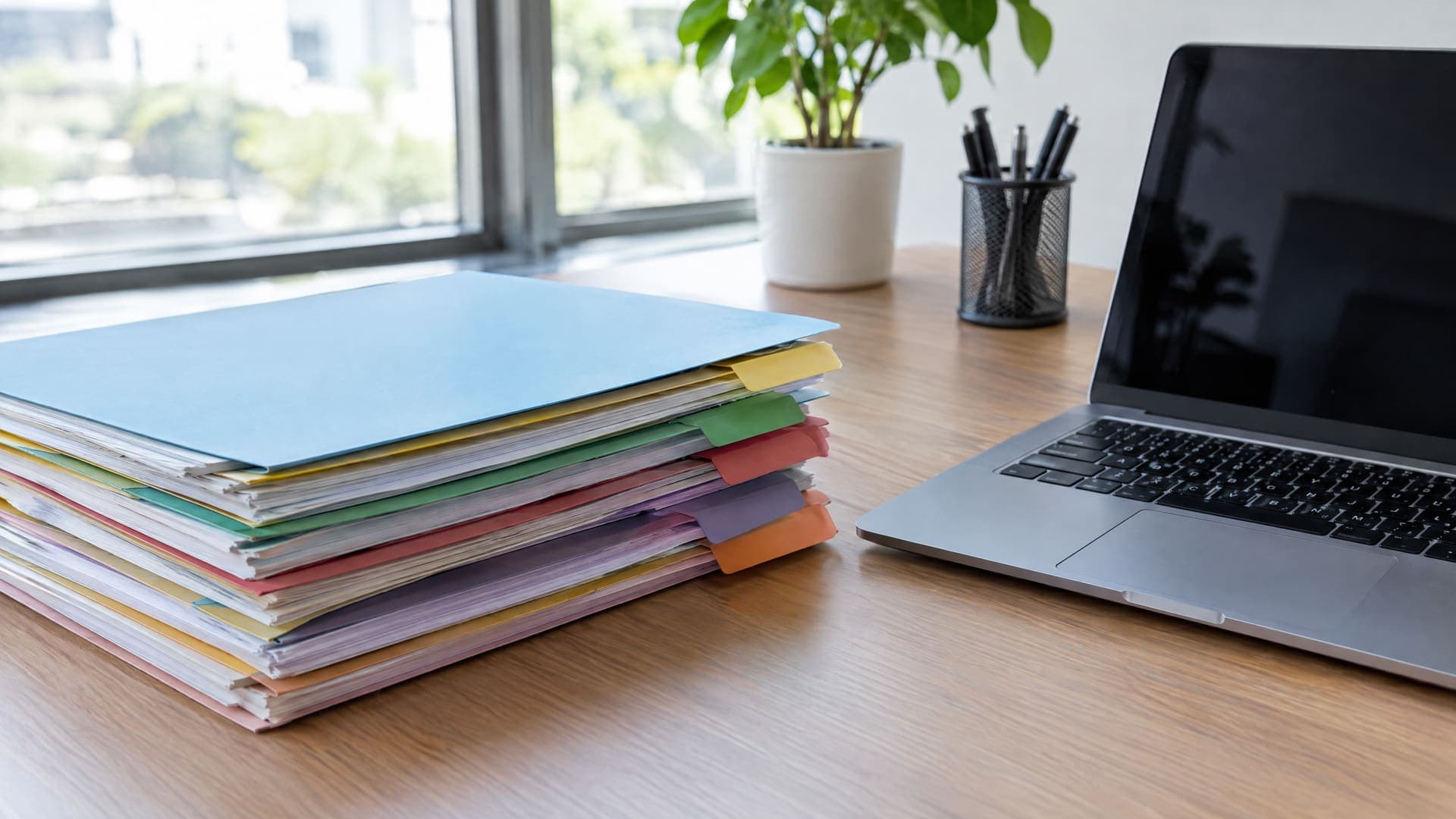 Stapel von Antragsordnern mit farbigen Reitern und ein Laptop auf einem Schreibtisch, Beschriftungen unleserlich