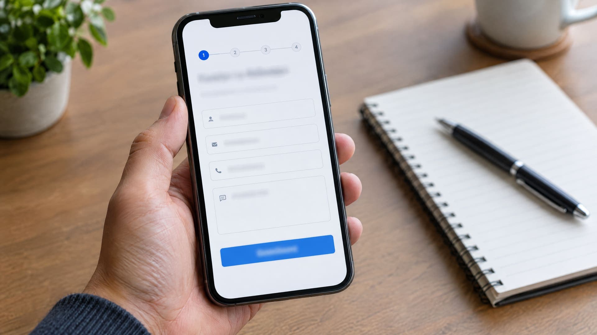 Hand hält ein Smartphone mit mehrstufigem Anfrageformular, im Hintergrund Notizbuch und Stift auf einem Schreibtisch