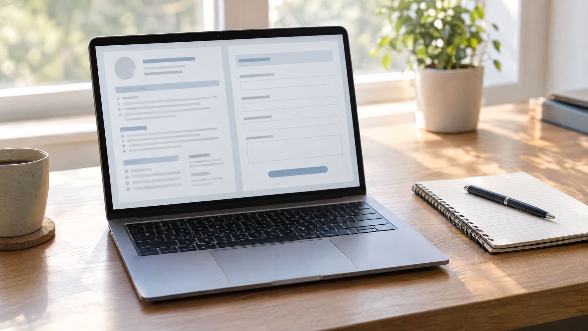 Laptop mit unscharfem Lebenslauf-Layout und Bewerbungsformular, daneben Notizbuch und Stift auf einem Schreibtisch