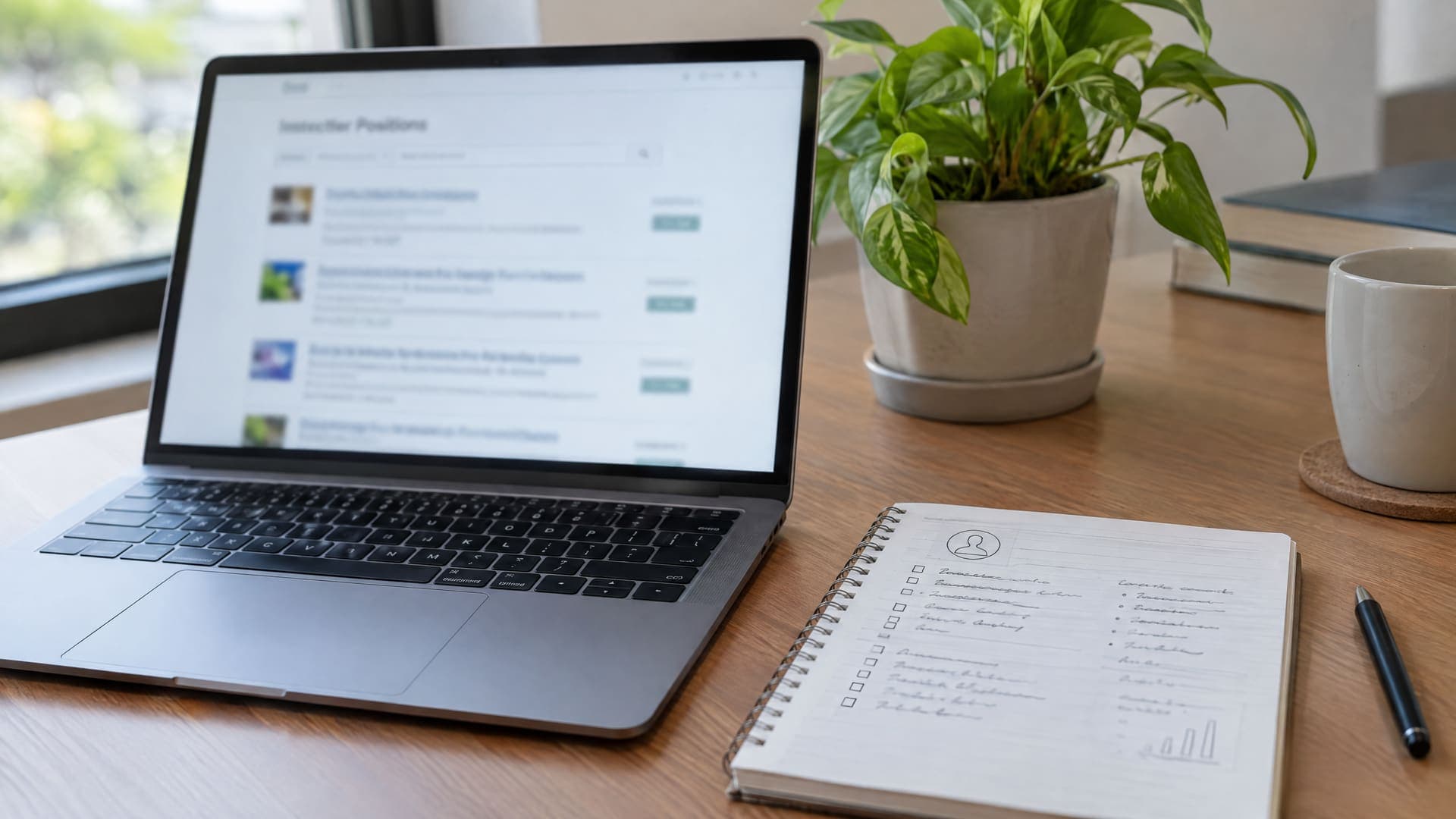 Laptop mit unscharfer Stellenanzeige für Dozenten und Notizblock mit handgezeichneter Checkliste auf einem Schreibtisch