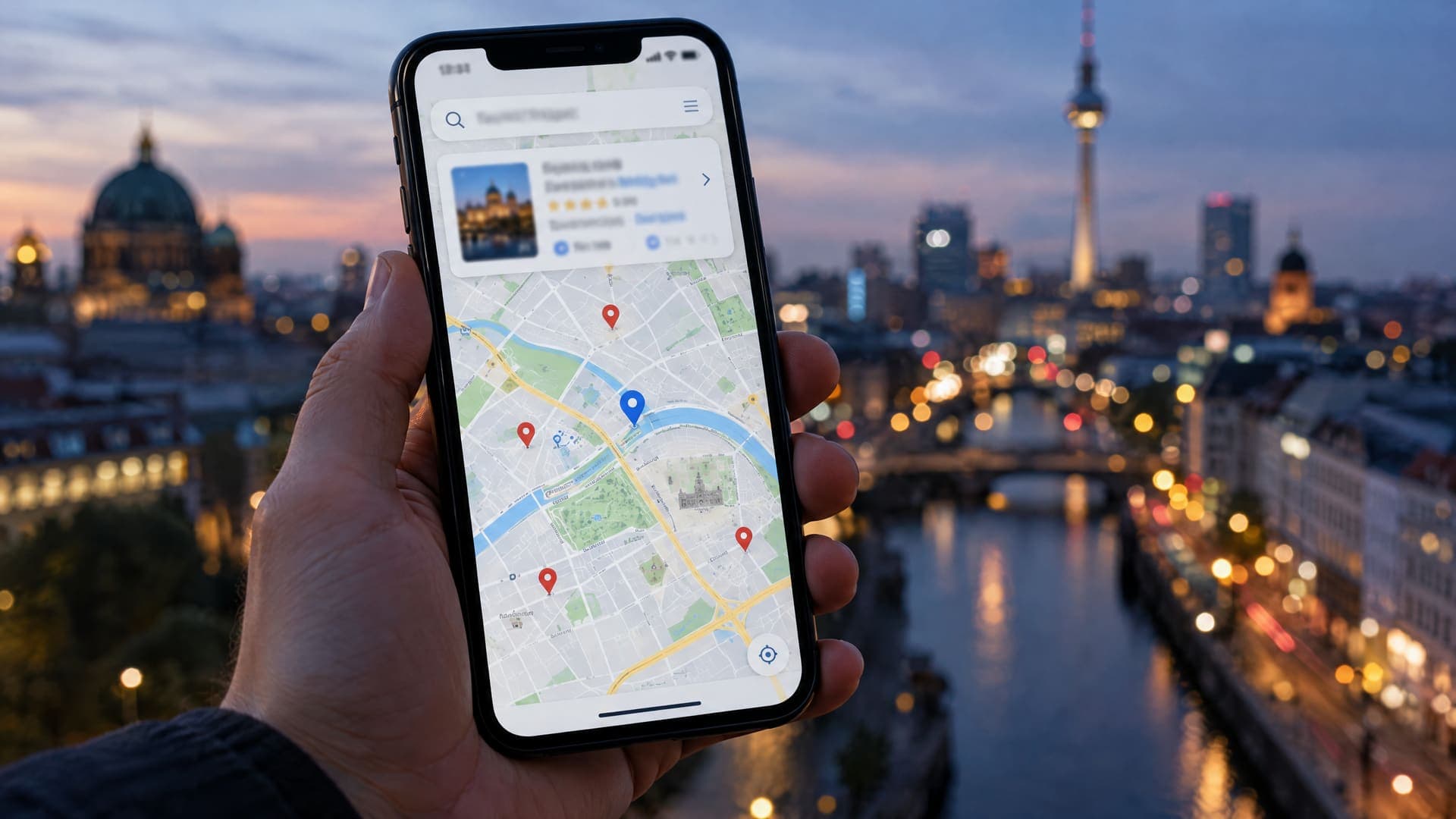 Smartphone mit Kartensuche in Berlin, mehreren Standortmarkierungen und einem hervorgehobenen Ergebnis