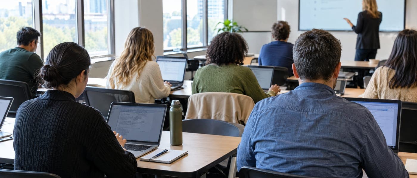 Online Marketing für AZAV-Träger, Zulassungsberater und fachkundige Stellen Erwachsene lernen an Laptops in einem hellen Weiterbildungs-Klassenzimmer – Marketing für AZAV-Träger und Bildungsträger