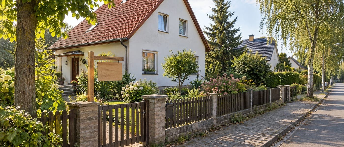 Online Marketing für Immobilienmakler und Hausverwaltungen Gepflegtes Einfamilienhaus mit Garten in Morgenlicht, Schilderpfosten ohne Beschriftung – Marketing für Immobilienmakler
