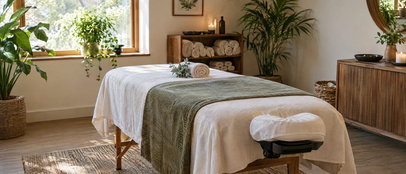Online Marketing für Massagestudios und Massagesalons Heller Behandlungsraum eines Massagestudios mit Massageliege, Handtüchern und Pflanzen im Tageslicht – Marketing für Massagestudios