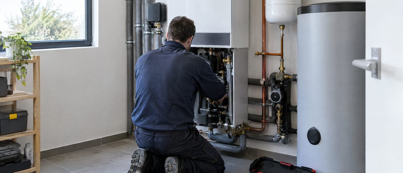 Online Marketing für Heizungsbauer, Installateure und Sanitärbetriebe Installateur von hinten kniet vor einer modernen Heizungsanlage in einem Technikraum – Marketing für SHK-Betriebe