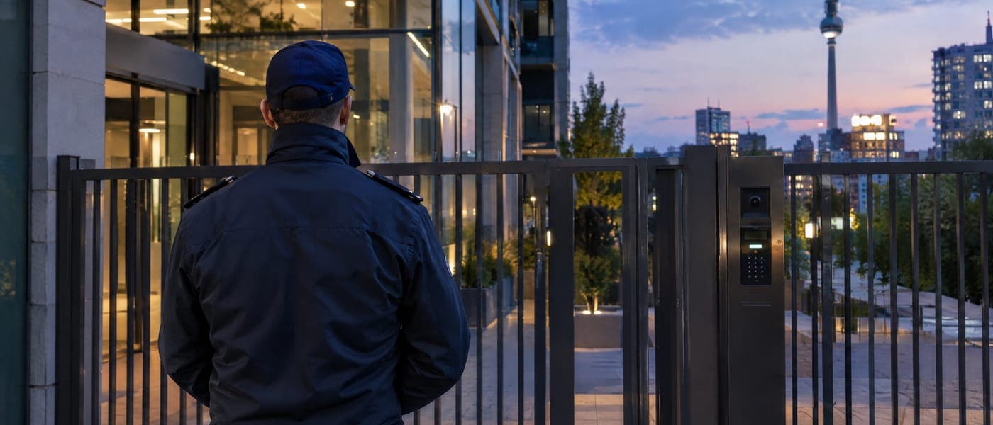Online Marketing für Sicherheitsdienste und Wachdienste Sicherheitsmitarbeiter von hinten am Tor eines Gewerbegebäudes in Berlin in der Dämmerung – Marketing für Sicherheitsdienste