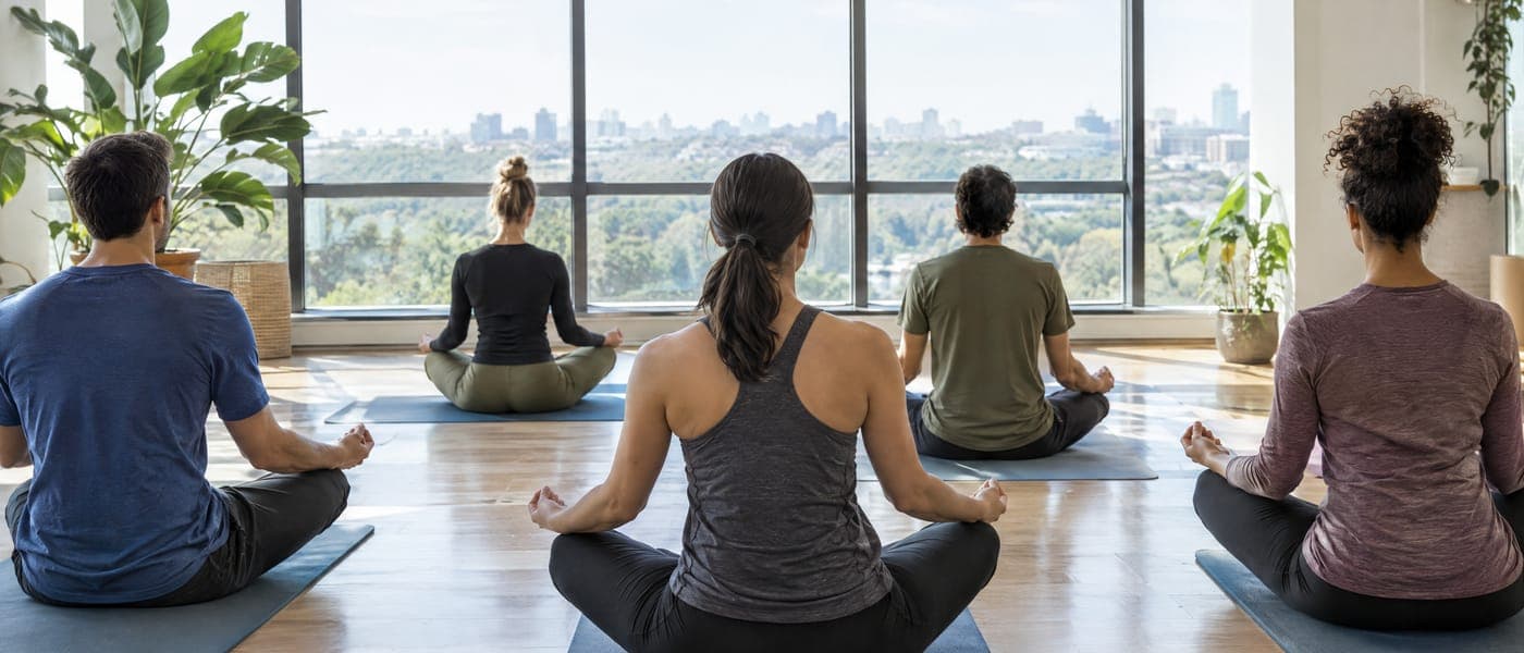 Online Marketing für Yogastudios und Yogalehrende Yogagruppe von hinten in einem hellen Studio mit großen Fenstern und Stadtblick – Marketing für Yogastudios