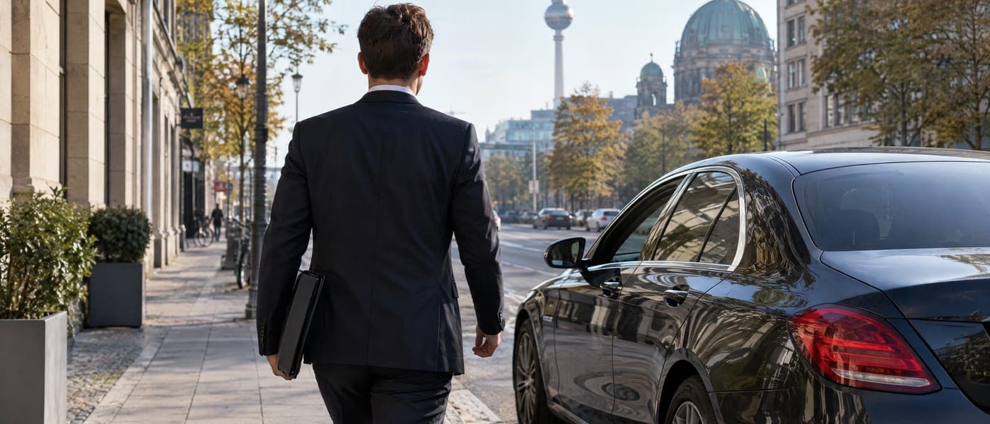 Online Marketing für Kfz-Zulassungsdienste und Zulassungsservices Mitarbeiter eines Zulassungsdienstes von hinten mit Dokumentenmappe auf dem Weg zu einem Auto in Berlin – Marketing für Zulassungsdienste
